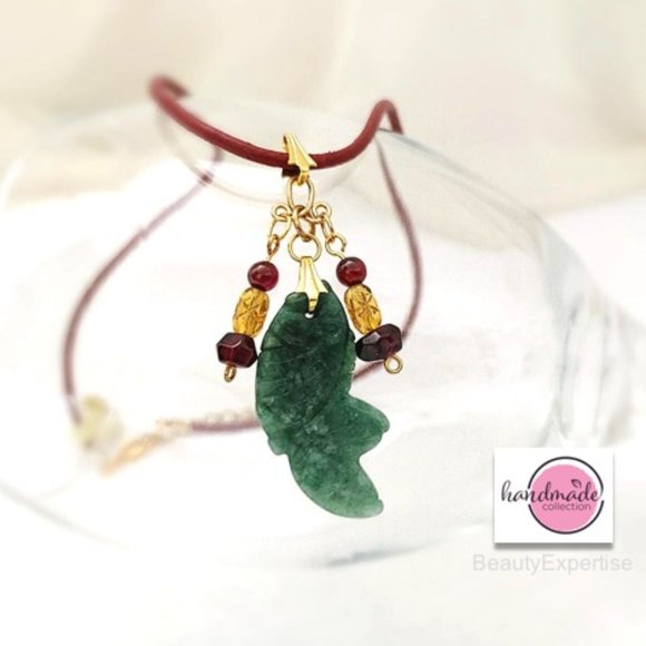 Collar Genuine Green Jade FISH Garnet Leather Cord - Picture 1 of 10
